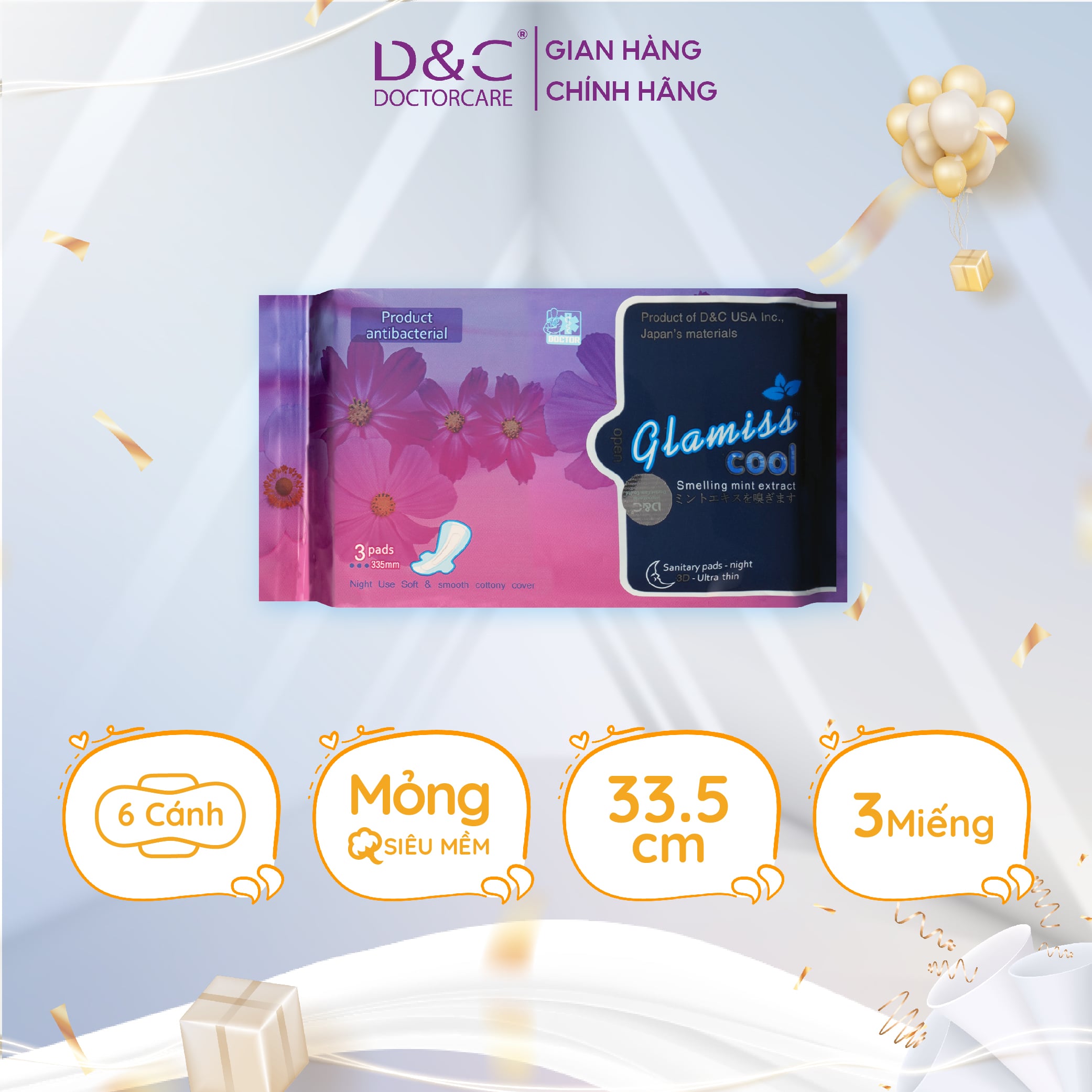 Băng vệ sinh ban đêm Glamiss Cool thảo dược 33.8cm siêu thấm hút, BVS chống tràn cho cả đêm dài