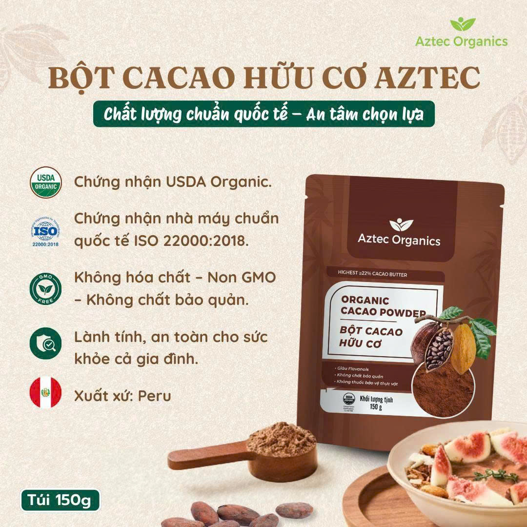 Bột Cacao Hữu Cơ Aztec Organics 150g - Bột Cacao Hữu Cơ Aztec Organics 150g – 100% Nguyên Chất, Không Đường, Giàu Flavan