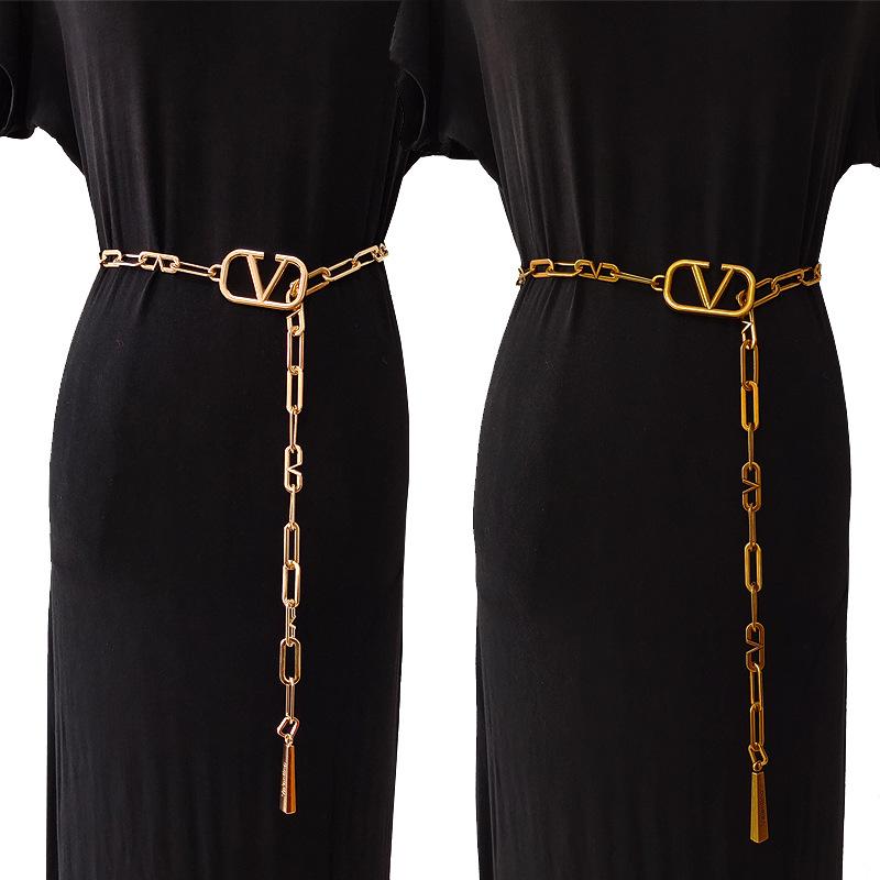 Enron Mới Nữ Chất Lượng Eo Dây Kim Loại V Thư Tua Rua Thiết Kế Đầm Đầm Thời Trang Mặt Dây Thắt Lưng