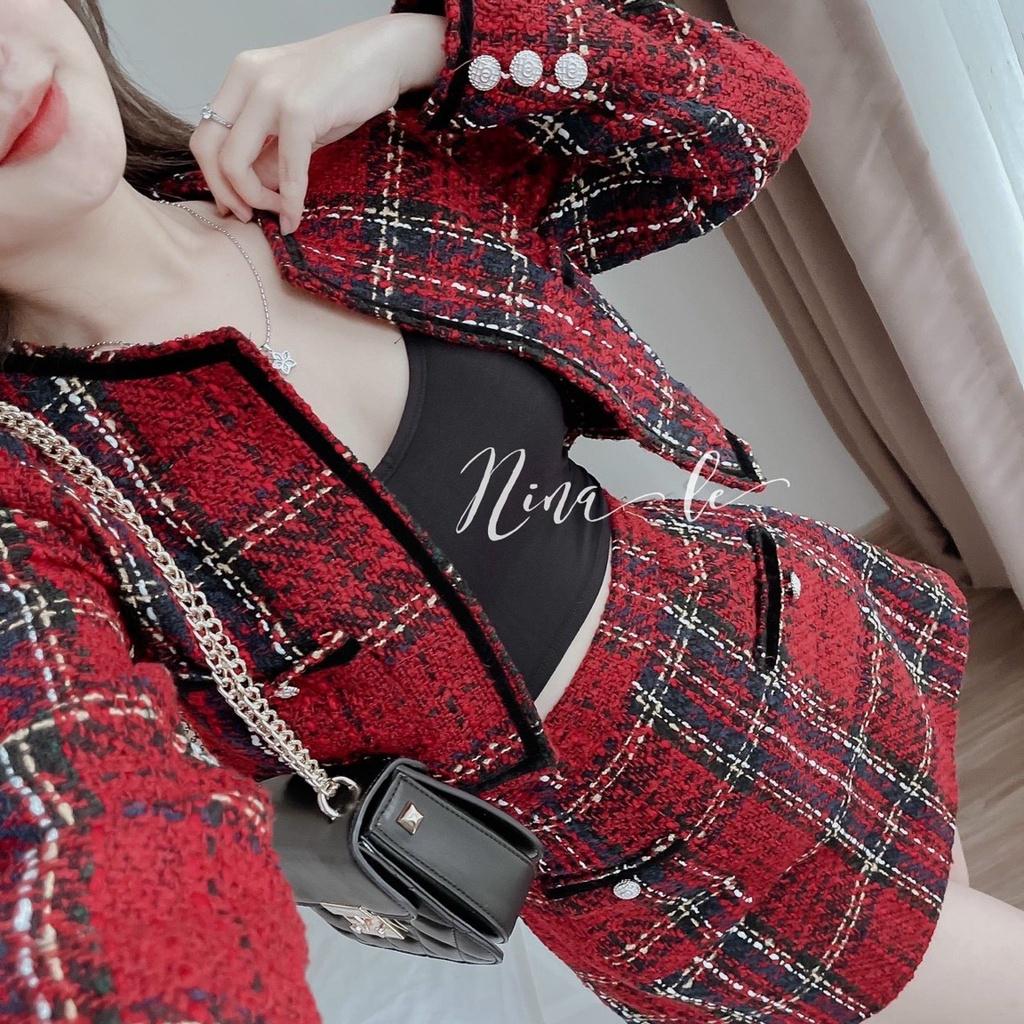 Set 3 món dạ caro đỏ khoác crop cổ tròn áo 2 dây đen chân váy ngắn mẫu chị nina lê