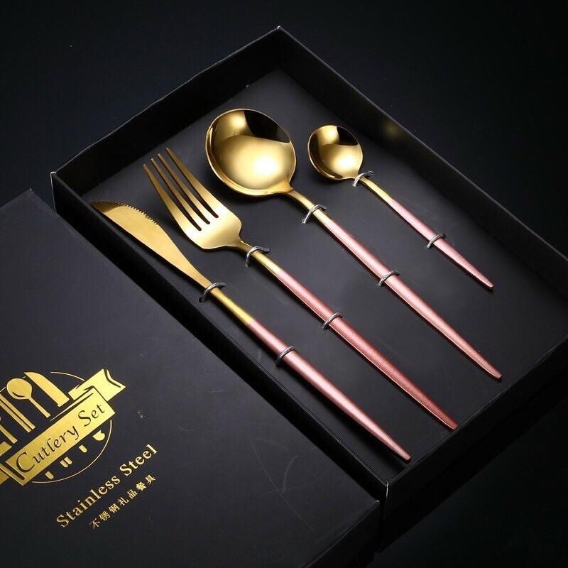 Set 4 món dao, dĩa, thìa – inox mạ vàng cao cấp - phong cách hoàng gia