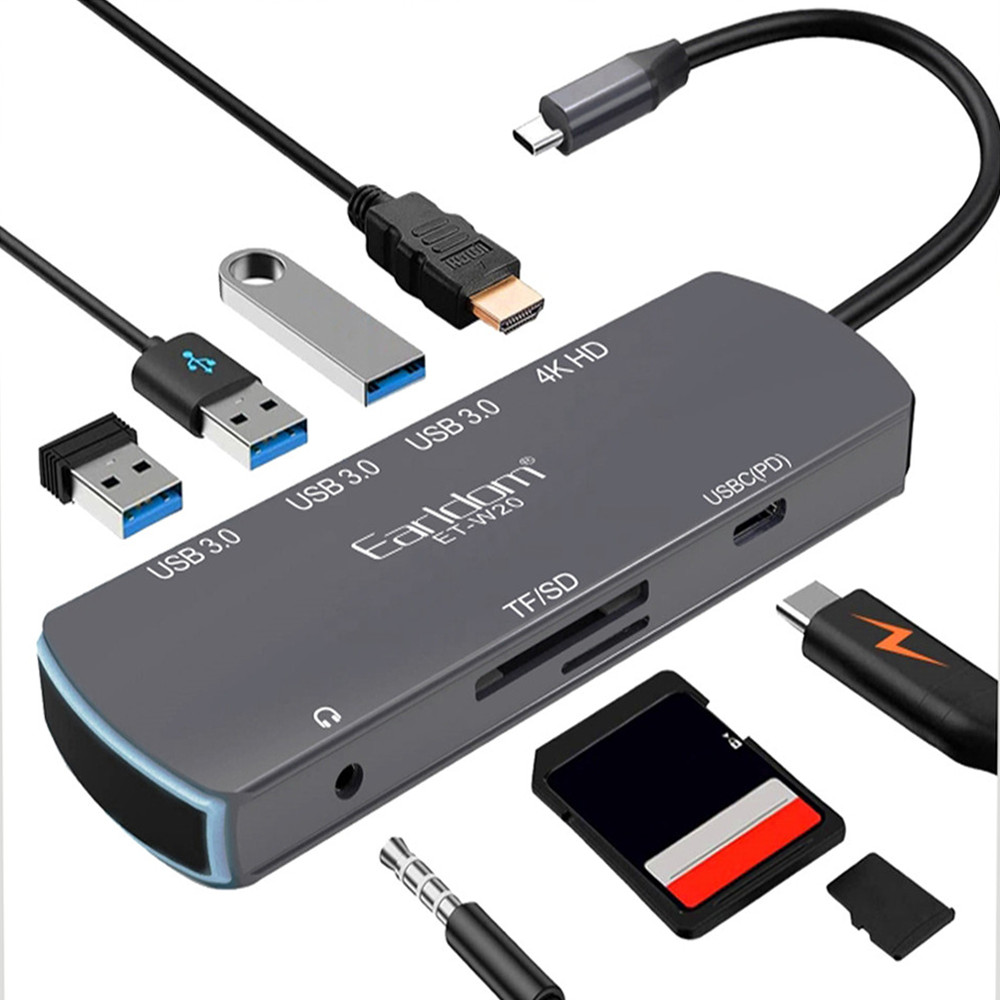 Cáp Chuyển USB Type C to HDMI 4K + 3 USB 3.0 + SD/TF + 3.5MM + USB C  Earldom W20 - Hàng Chính Hãng