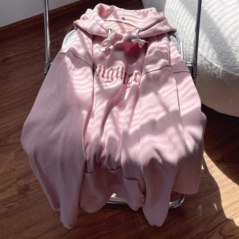 Áo Hoodie Nỉ Hồng GREENGUN Dáng Rộng In Chữ Mũ Trùm