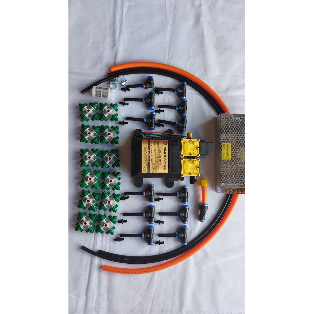 Bộ phun sương. tưới lan. bơm đôi 120W kèm nguồn 12v-10A. 12 béc 4 hướng. 20m dây 8li. 1m dây hút... bộ đầy đủ