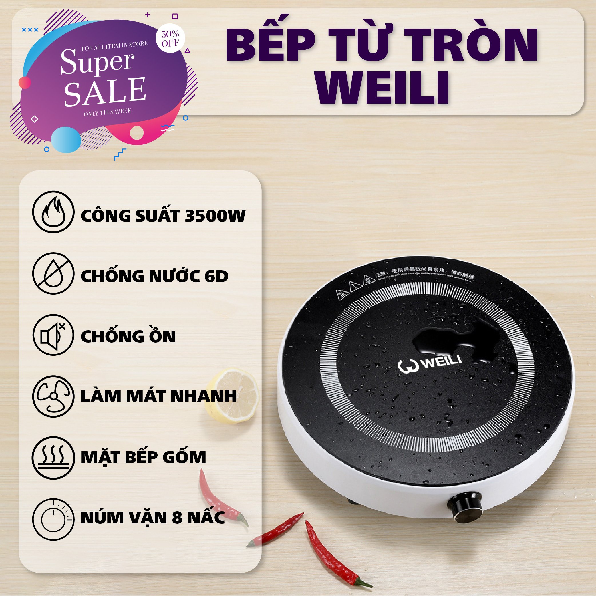 Bếp Từ Tròn WELI Công Suất 3500W, Chống Nước - Mặt Bếp Gốm, 8 Nấc Tiện Lợi, An Toàn, Thông Minh