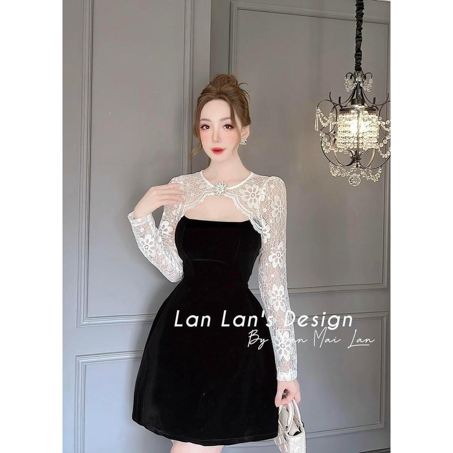 Đầm xoè nhung phối tay ren kèm phụ kiện