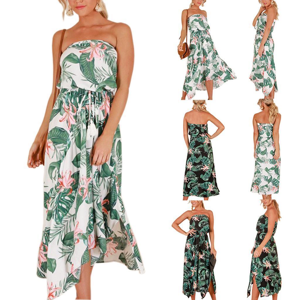 Women's Summer Strapless Floral Print Boho Tube Wrap Chest Beachwear Dress