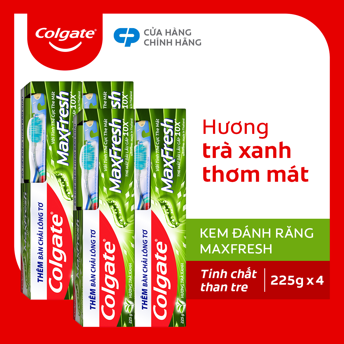 Bộ 4 Kem đánh răng Colgate Trà Xanh the mát Maxfresh 230g/tuýp tặng bàn chải đánh răng lông tơ cao cấp