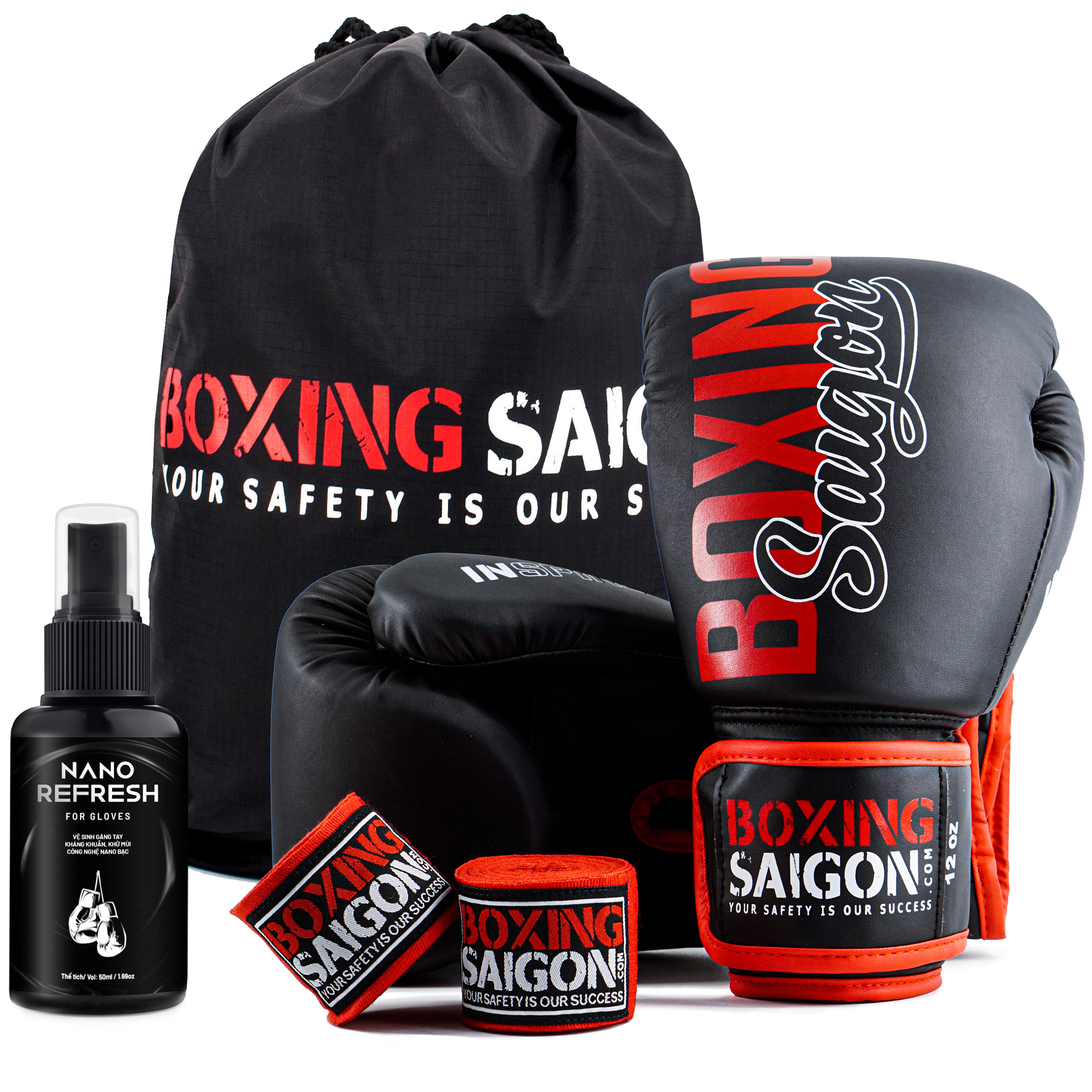 Combo Găng Tay Boxing Saigon + Băng Tay 4m5 (tặng túi rút) -  Đen đỏ