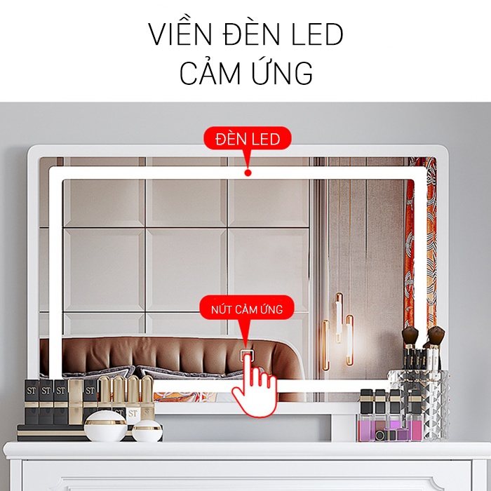 Bàn Phấn Tân Cổ Điển Màu Trắng Decor Phòng Ngủ Đẹp - Bàn Trang Điểm Có Gương Đèn Led Cảm Ứng Kèm Ghế