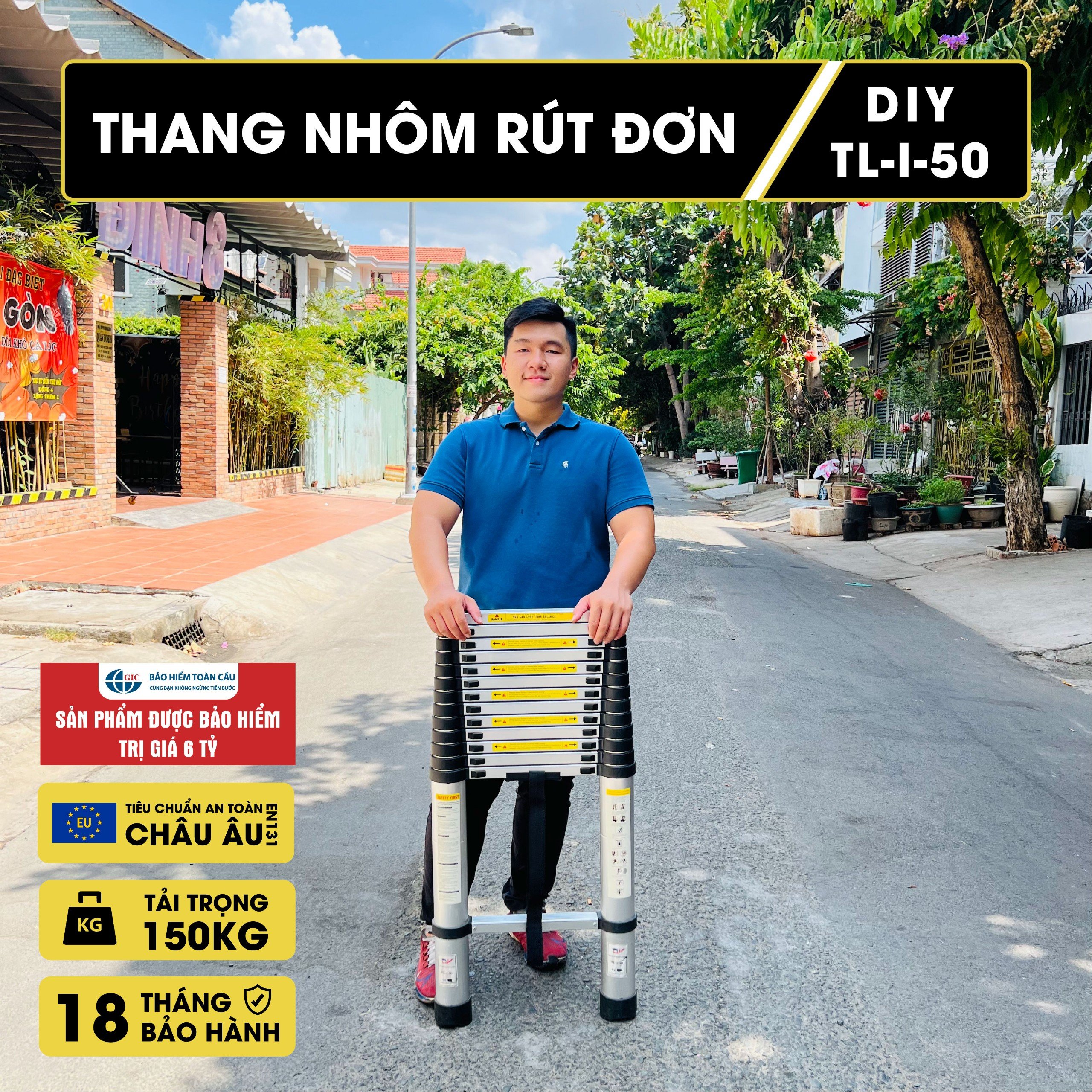 Thang nhôm rút đơn DIY TL-I-50 chiều cao tối đa 5m, rút gọn 1m, tải trọng 150kg, đế cao su chống trượt, nút khóa chắc chắn 