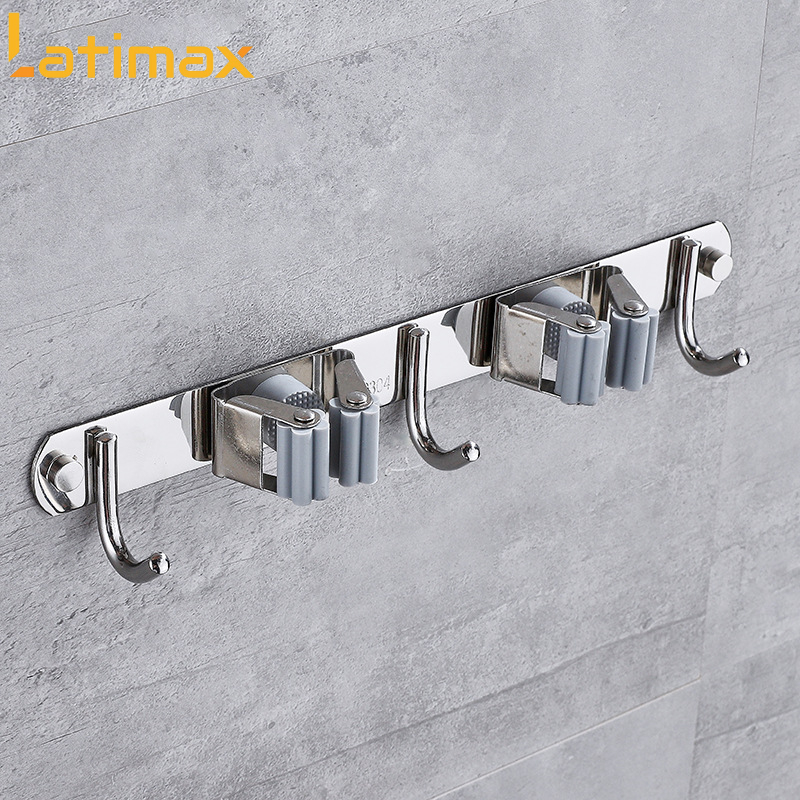 Móc Treo Đồ Dán Tường Đa Năng Loại 3 Móc kèm 2 Kẹp Chổi Lau Nhà Chất liệu Inox 304 Cao Cấp - Tặng keo dán tường Chuyên dụng