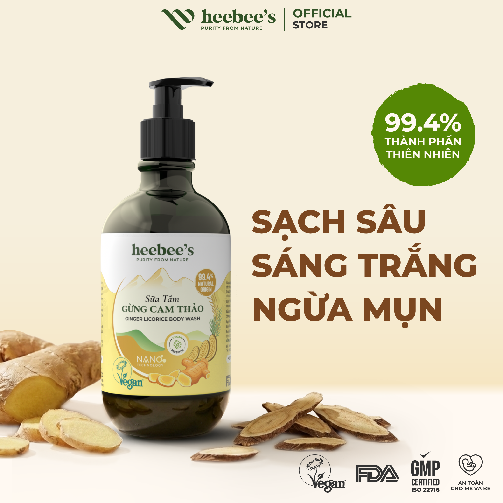 Sữa Tắm Gừng Cam Thảo Heebee's Không Sulfates, Silicone, Sạch Sâu, Dưỡng Sáng, Mềm Mịn Da, An Toàn, Lành Tính Cho Da Nhạy Cảm 300/500ml