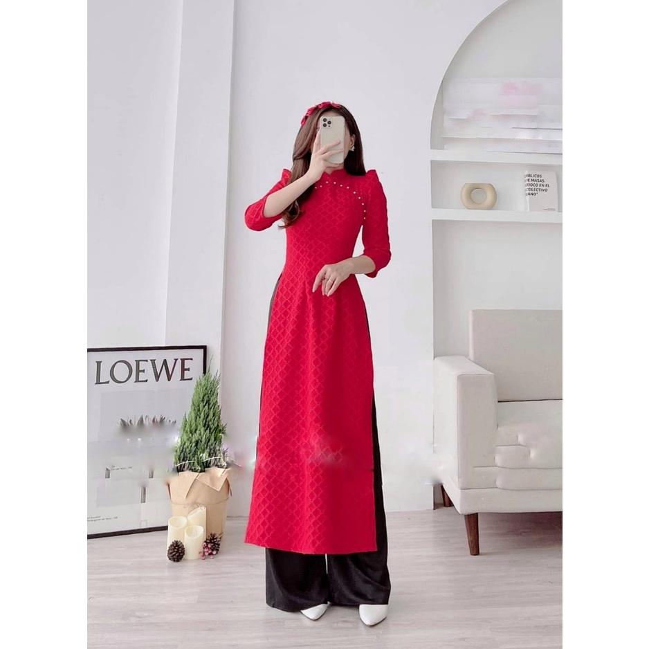 Áo dài đỏ, set áo dài cách tân nữ tay phồng kết nút ngọc, chất taffta xốp đứng phom, kiểu đồ tết đẹp