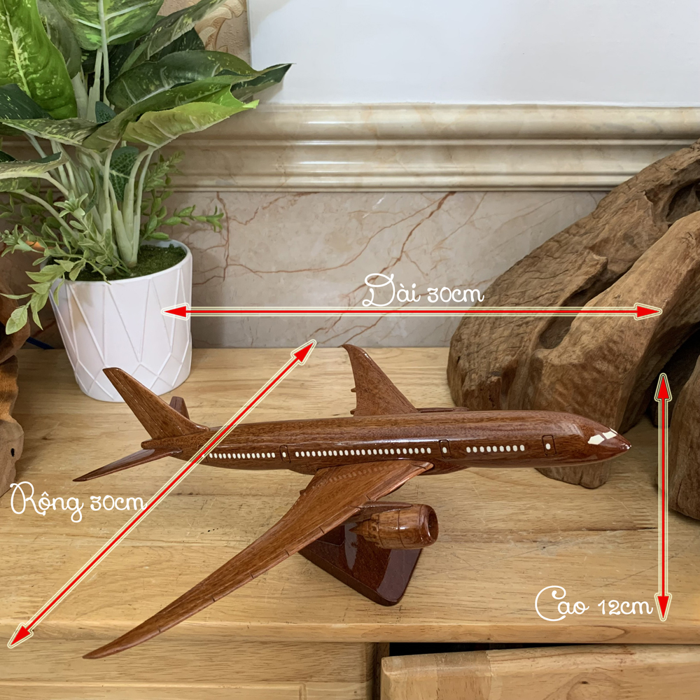 Mô hình gỗ máy bay gỗ Boeing B787 trang trí nhà cửa quà tặng trưng bày - Cỡ nhỏ dài 30cm - Gỗ tự nhiên