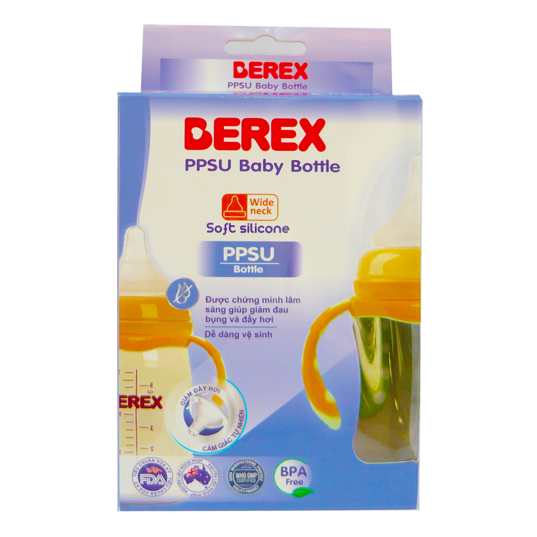 Bình sữa Nhựa PPSU PLUS Berex cổ rộng, chống đầy hơi cho bé (180ml)- có Quai mẫu ngẫu nhiên