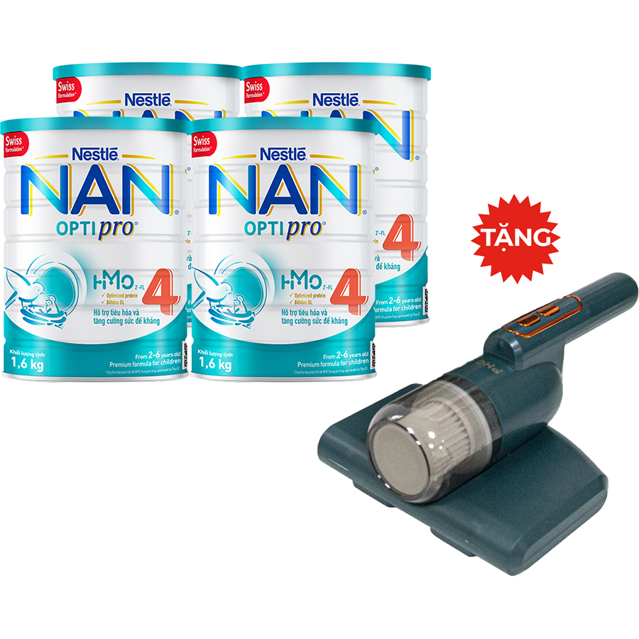 Combo 4 Lon Sữa Bột Nestlé NAN OPTIPRO HM-O 4 1.6kg - Tặng Máy Hút Bụi Giường Nệm