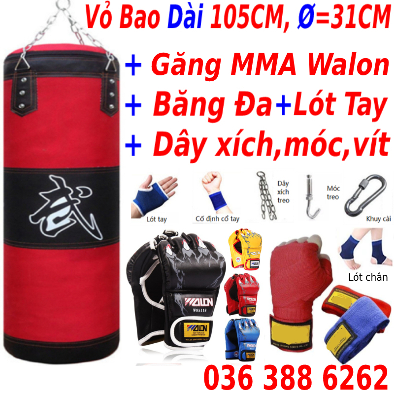 Combo Vỏ bao cát đấm bốc boxing 4 lớp dài 105cm, Ø=35cm + Găng tay đấm bốc mma hở ngón + Băng đa cuốn tay - Tặng kèm thêm 7 món bao gồm dây xích + móc treo + vít nở sắt + lót tay chân