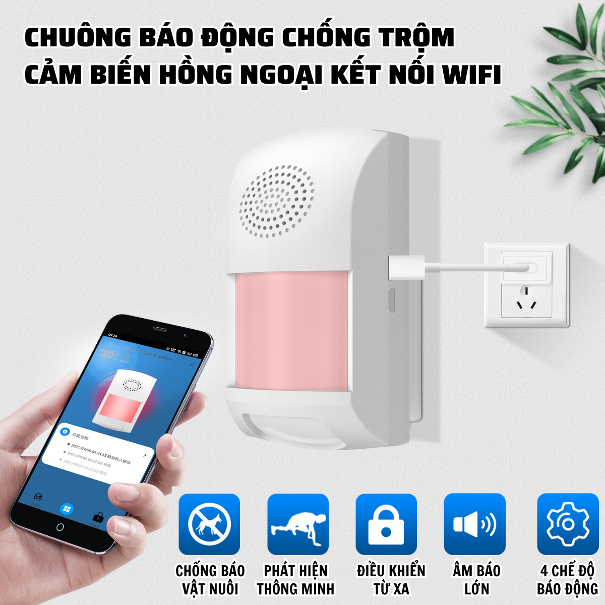 Chuông báo động chống trộm cảm biến hồng ngoại kết nối wifi CTFAST CS62W - Điều khiển từ xa qua app, âm báo 110 dB ,2 vùng cảm biến, 4 chế độ báo động thông minh - Hàng chính hãng