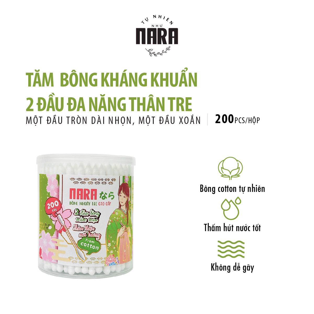 Tăm bông Nara 2 đầu đa năng màu xanh lá hộp 200 cái