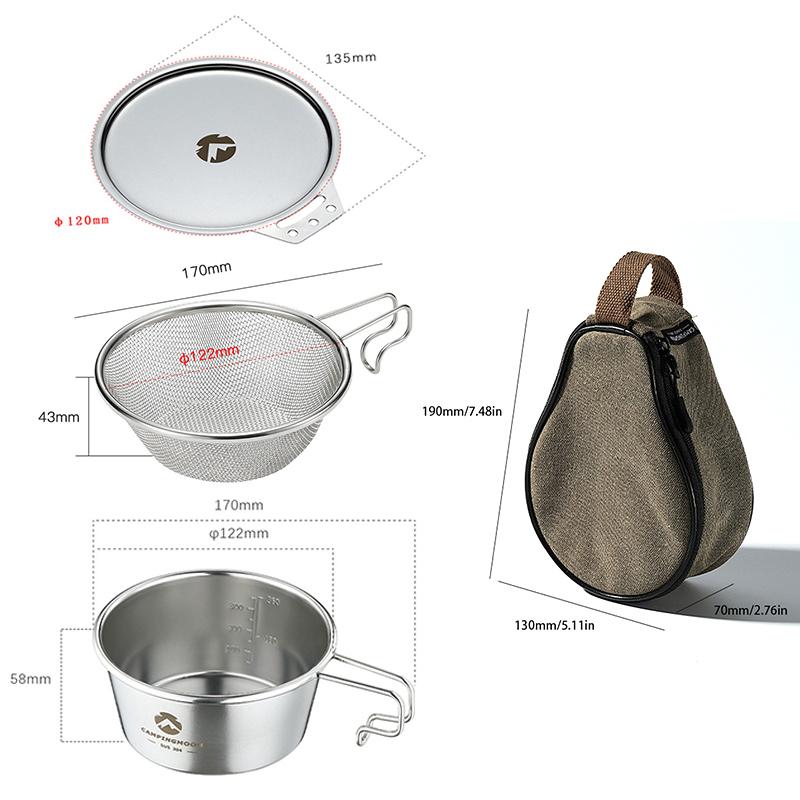 CAMPINGMOO 4-in-1 450ml Stainless Steel Sierra Cup Bowl Kit with Mesh Strainer Lid and Storage Bag for Camping Hiking