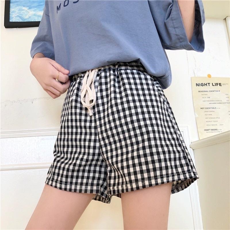 Quần short kẻ caro- quần sooc đùi ống rộng caro chất thô đũi phong cách ulzzang
