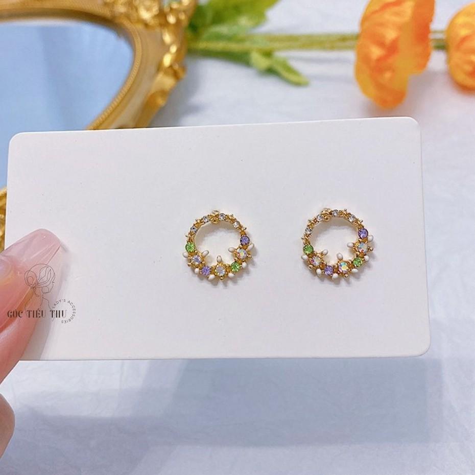 Bông Tai Bạc Dáng Tròn Viền Đá Nhiều Màu Xinh Xắn Cho Nữ - HT010