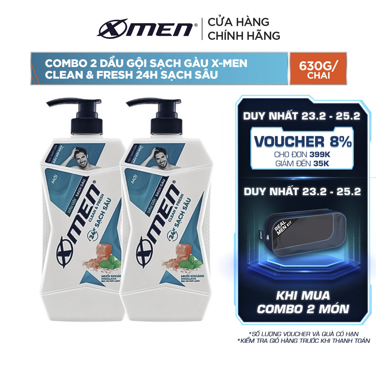 Combo 2 Dầu gội Sạch Gàu X-Men Clean &amp; Fresh 24h Sạch Sâu 630g/chai