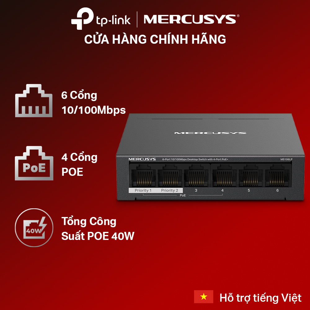 Bộ Switch Chia Mạng Mercusys MS106LP 6 Cổng 10/100Mbps với 4 Cổng PoE+ - Hàng Chính Hãng