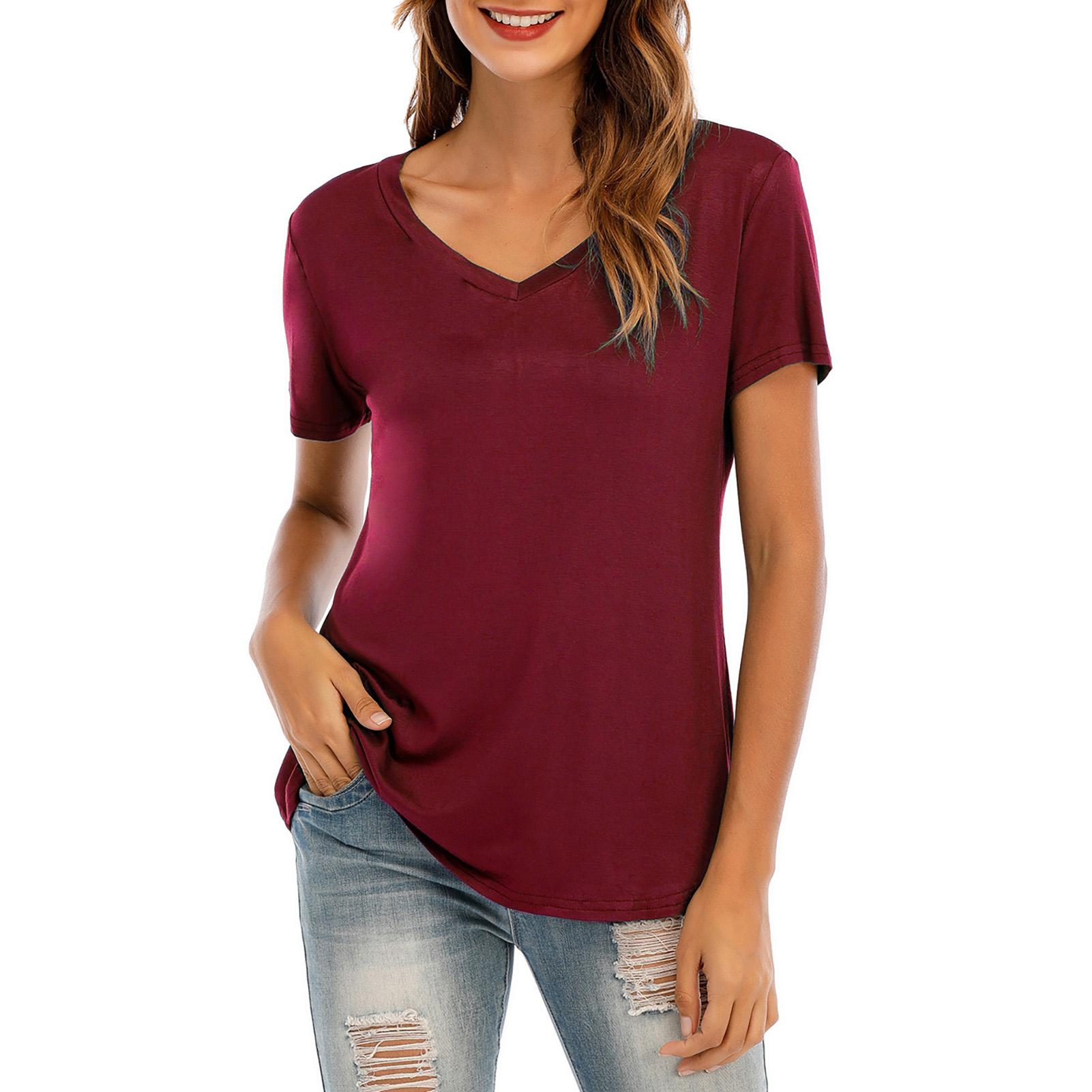 New Fashion Women T-shirt Solid Color V Neck Short Sleeve Rounded Hem Long Casual Party Wear Summer Tops