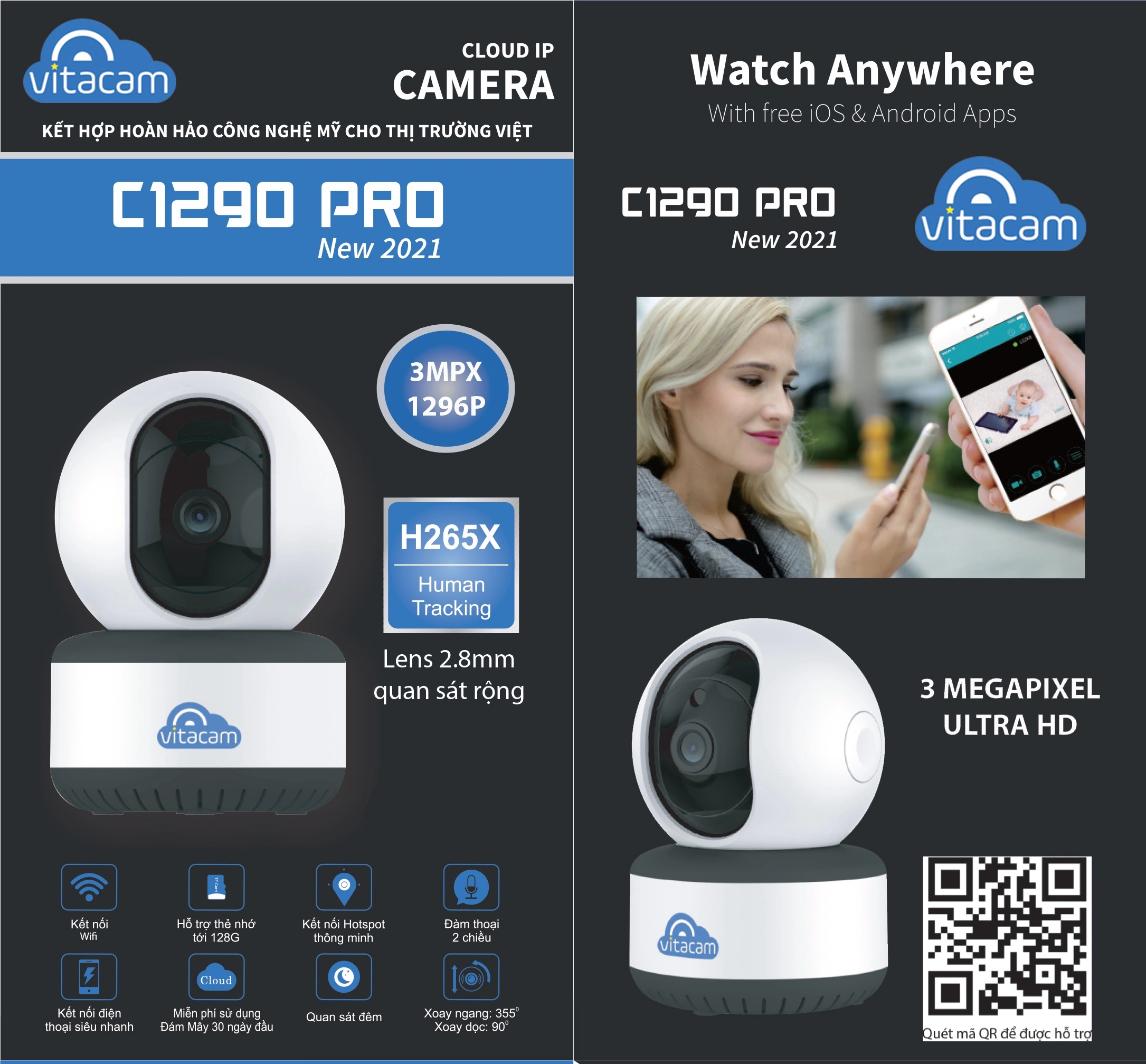 Camera IP Wifi Vitacam C1290 (New 2021) 3.0Mp Ultra HD, Quan Sát Ban Đêm Xoay 360 Độ - Hàng chính hãng