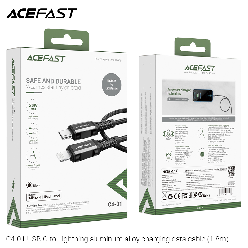 Cáp Sạc Acefast Type C To Lightning 1.8M C4-01 - Hàng Chính Hãng