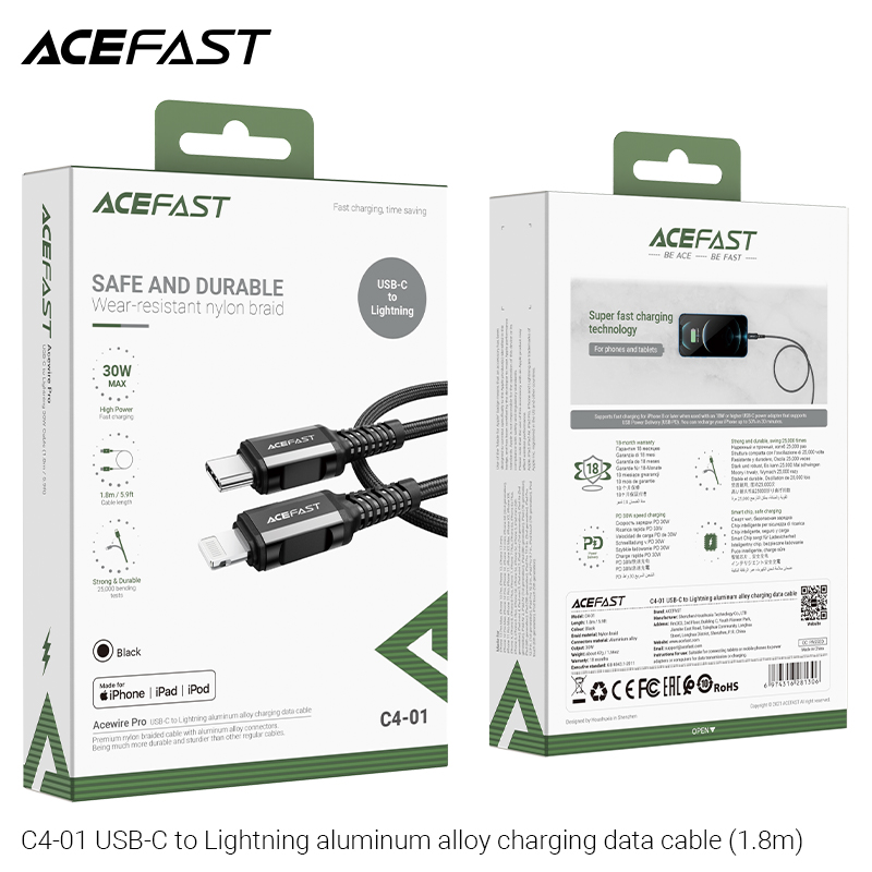 Cáp Acefast Type C to Light.ning (1.8m) - C4-01 Hàng chính hãng Acefast