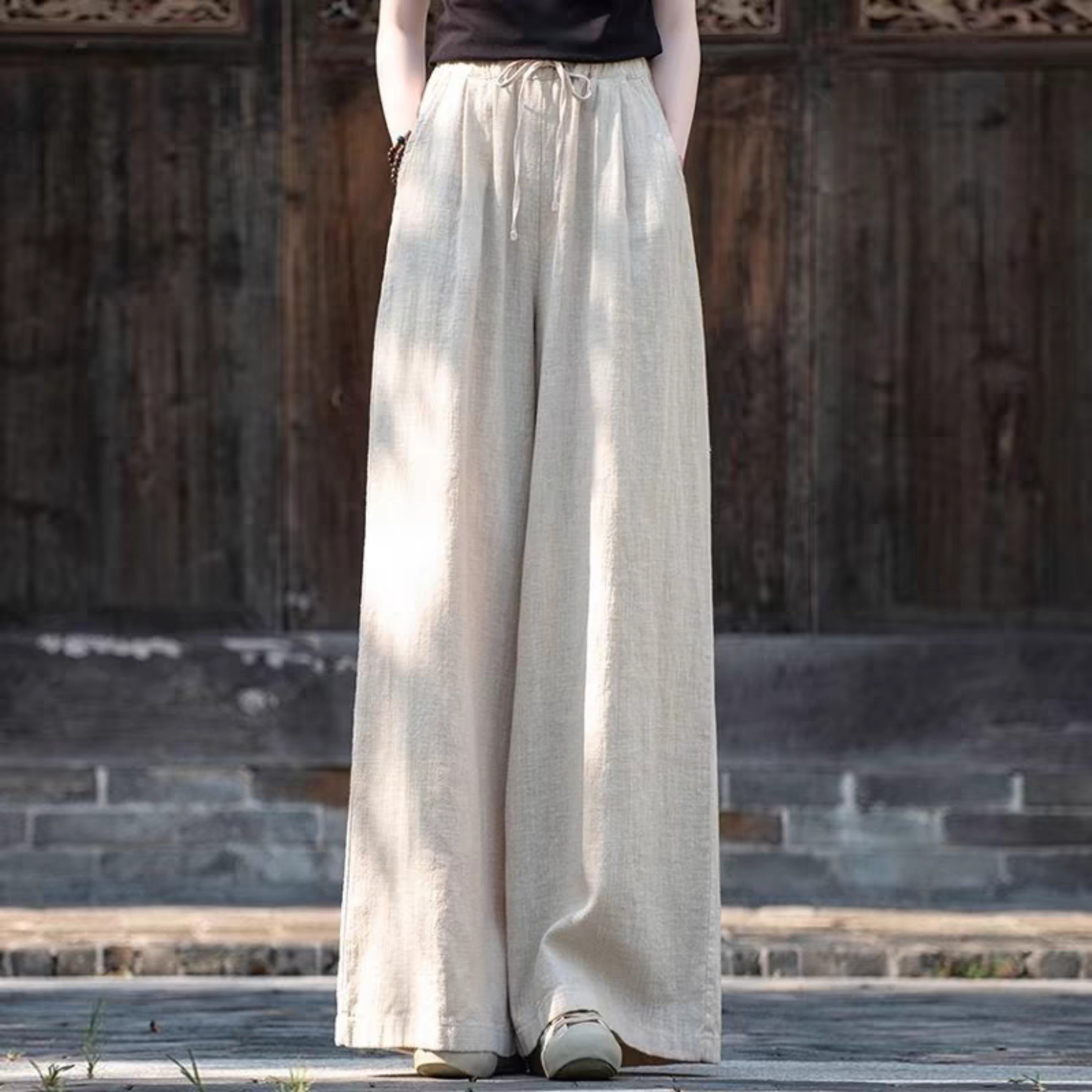 Quần dài linen ống rộng lưng cao YOLINEN cạp thun cột dây cao cấp nhiều màu QD08