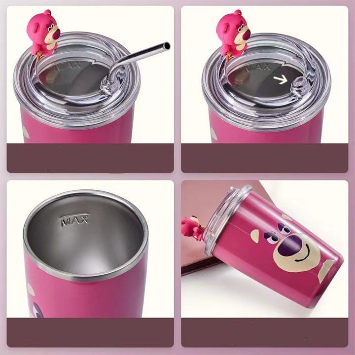 Ly giữ nhiệt gấu dâu chất liệu inox dung tích 450ml giữ nhiệt nóng lạnh 10h kèm ống hút