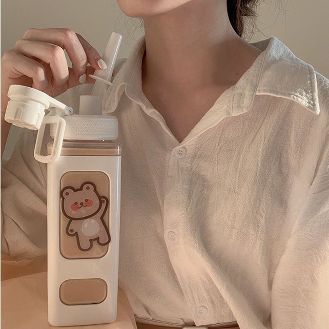 Bình nước đi học cute to hình vuông cỡ lớn dung tích 700ml có ống hút bằng nhựa không BPA tặng kèm sticker