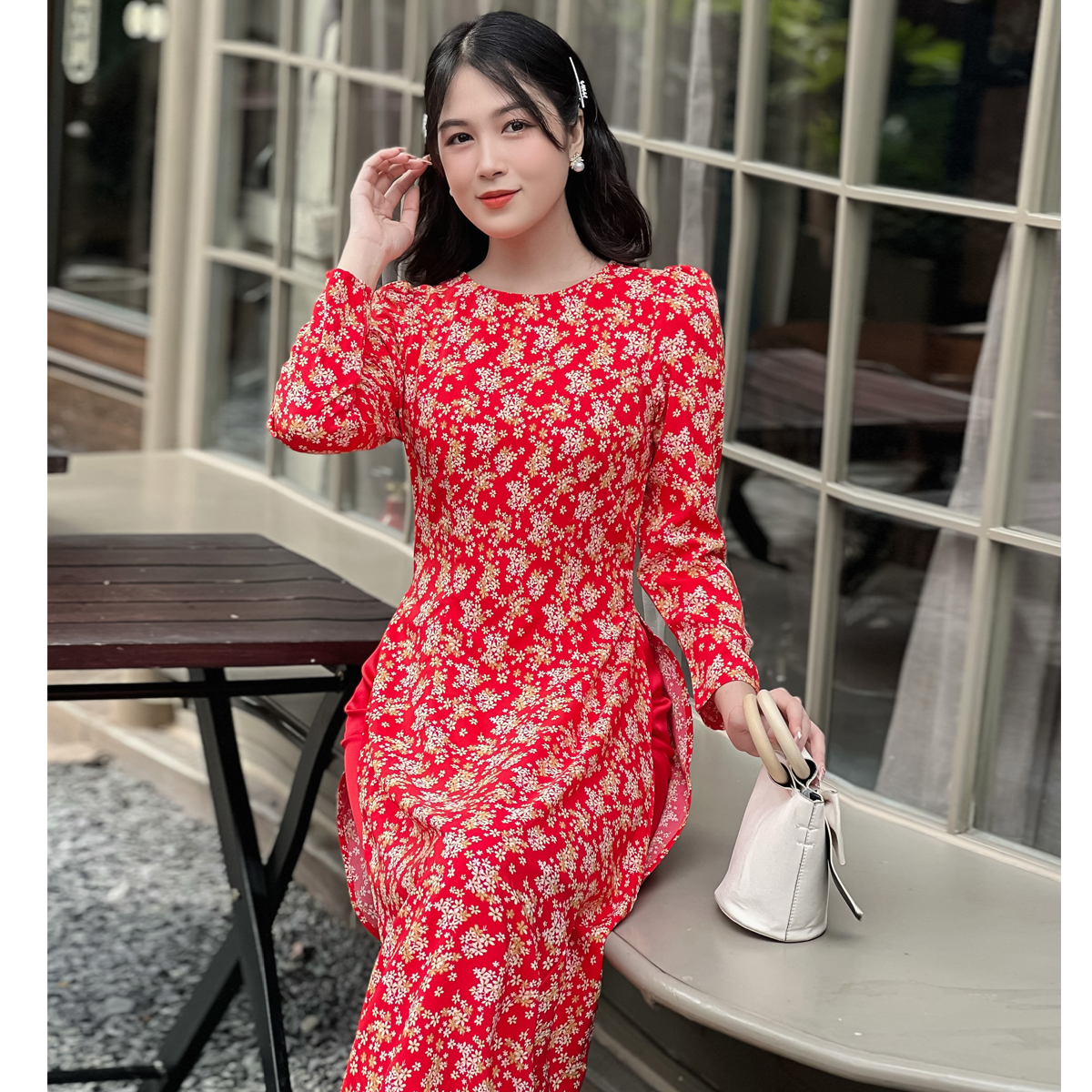 Áo dài hoa nhí tay phồng AD028 - Khánh Linh Style