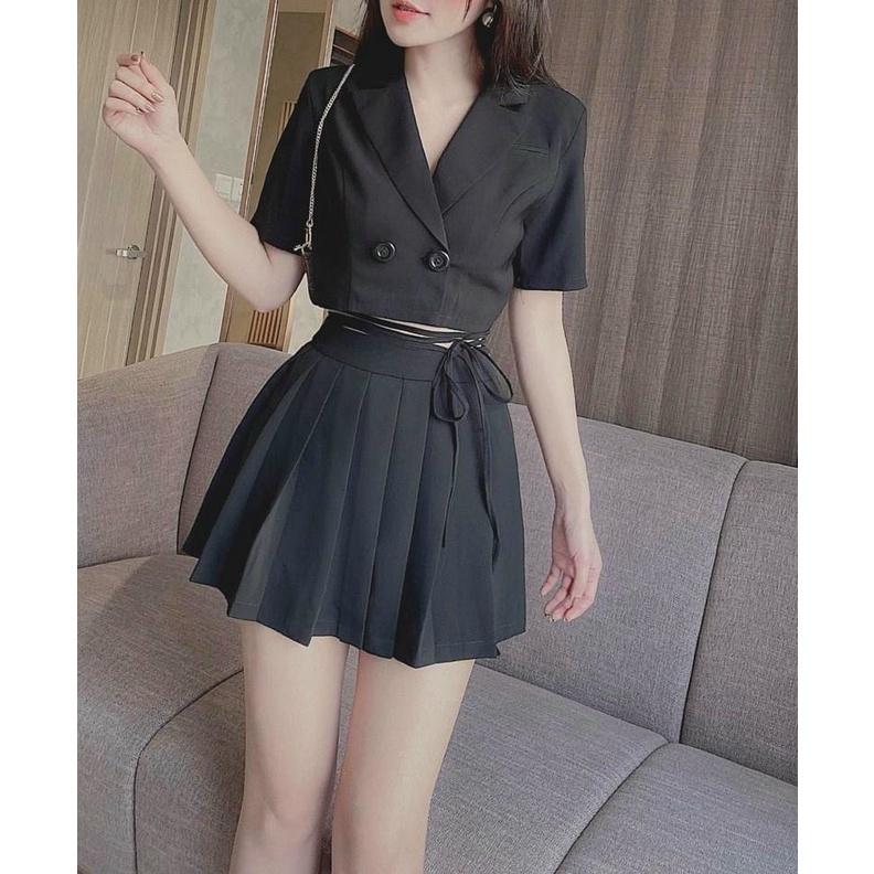 Sét váy nữ áo kiểu vest ngắn tay phối nút eo cột nơ kèm chân váy xếp ly dáng xòe trẻ trung thời trang nữ dạo phố