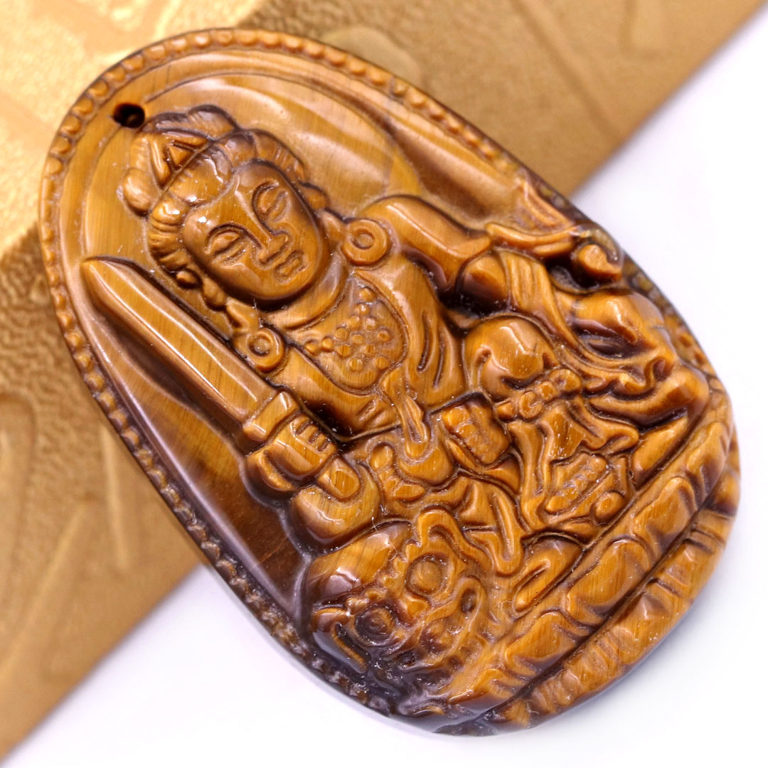 Mặt Phật Văn thù đá mắt hổ 3.6 cm kèm móc và vòng cổ dây cao su nâu, Mặt Phật bản mệnh