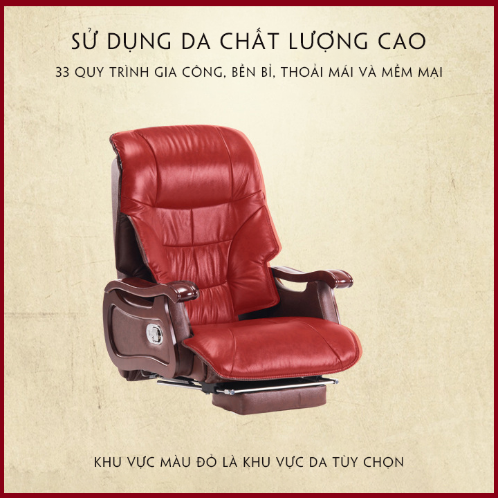 Ghế Da Văn Phòng Cao Cấp. Ghế Chủ Tịch - Ghế Boss Massage Lưng 7 Điểm - Có Gác Chân. Tay Ốp Gỗ Sang Trọng, Hiện Đại