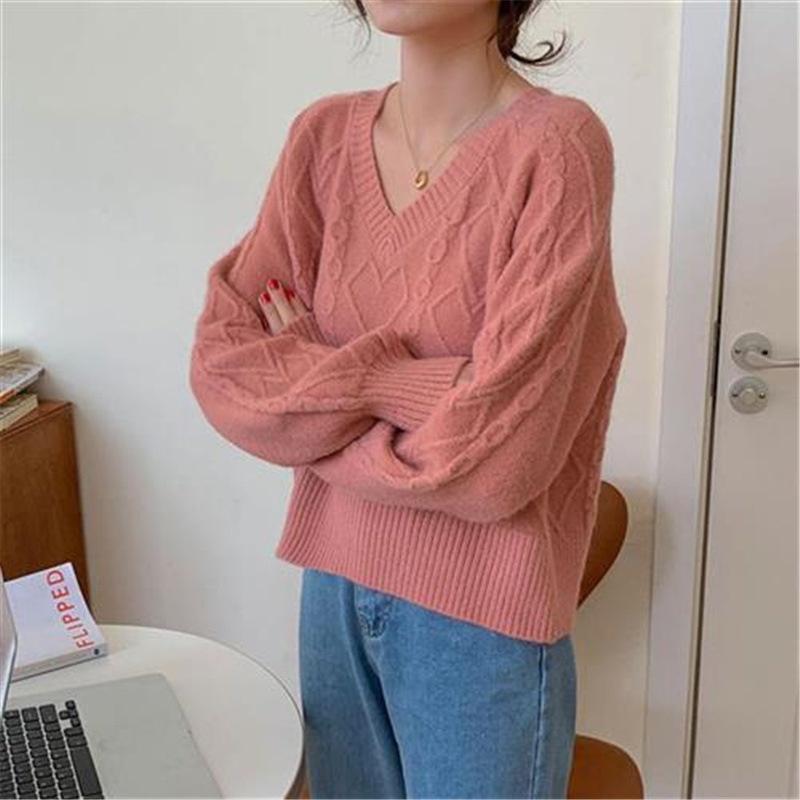 Áo len cổ V dáng ngắn phong cách nhẹ nhàng nữ tính