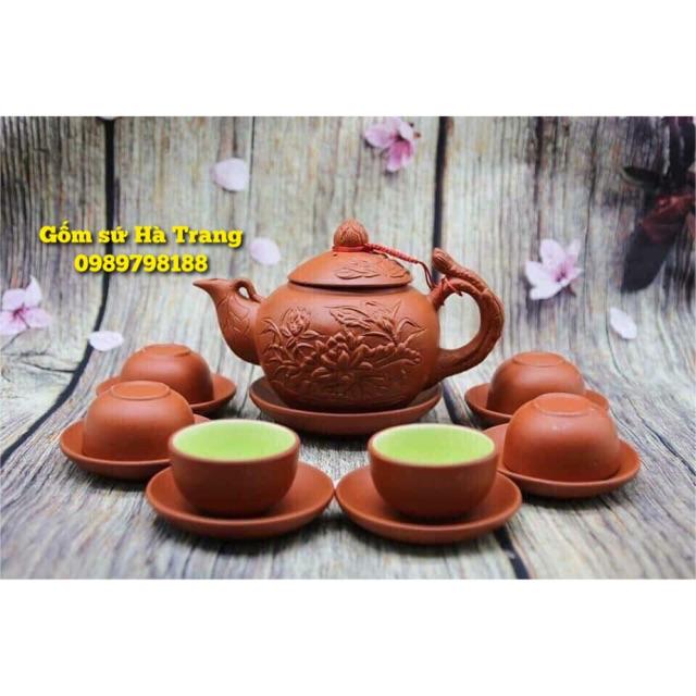 Ấm chén tử sa Bát Tràng cao cấp hoạ tiết sen nổi