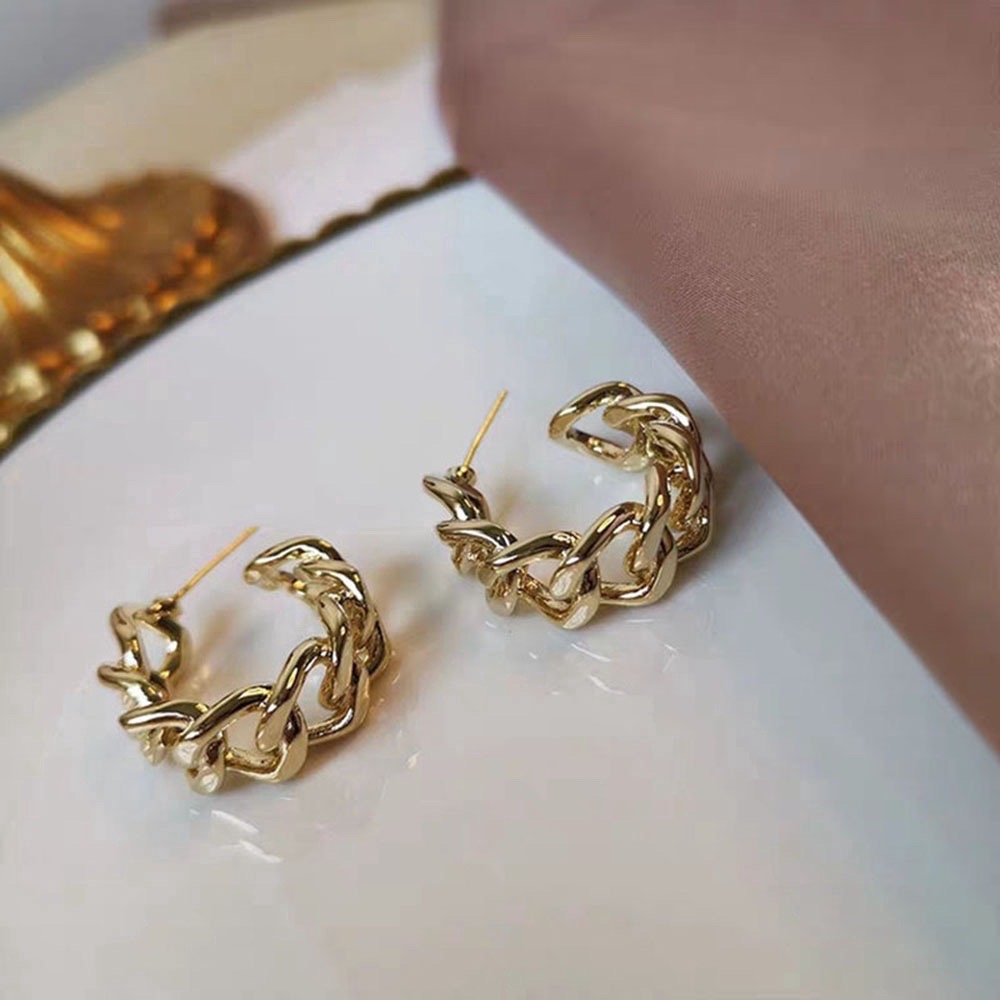 Khuyên tai chữ c mắt xích phong cách cổ điển hàn quốc