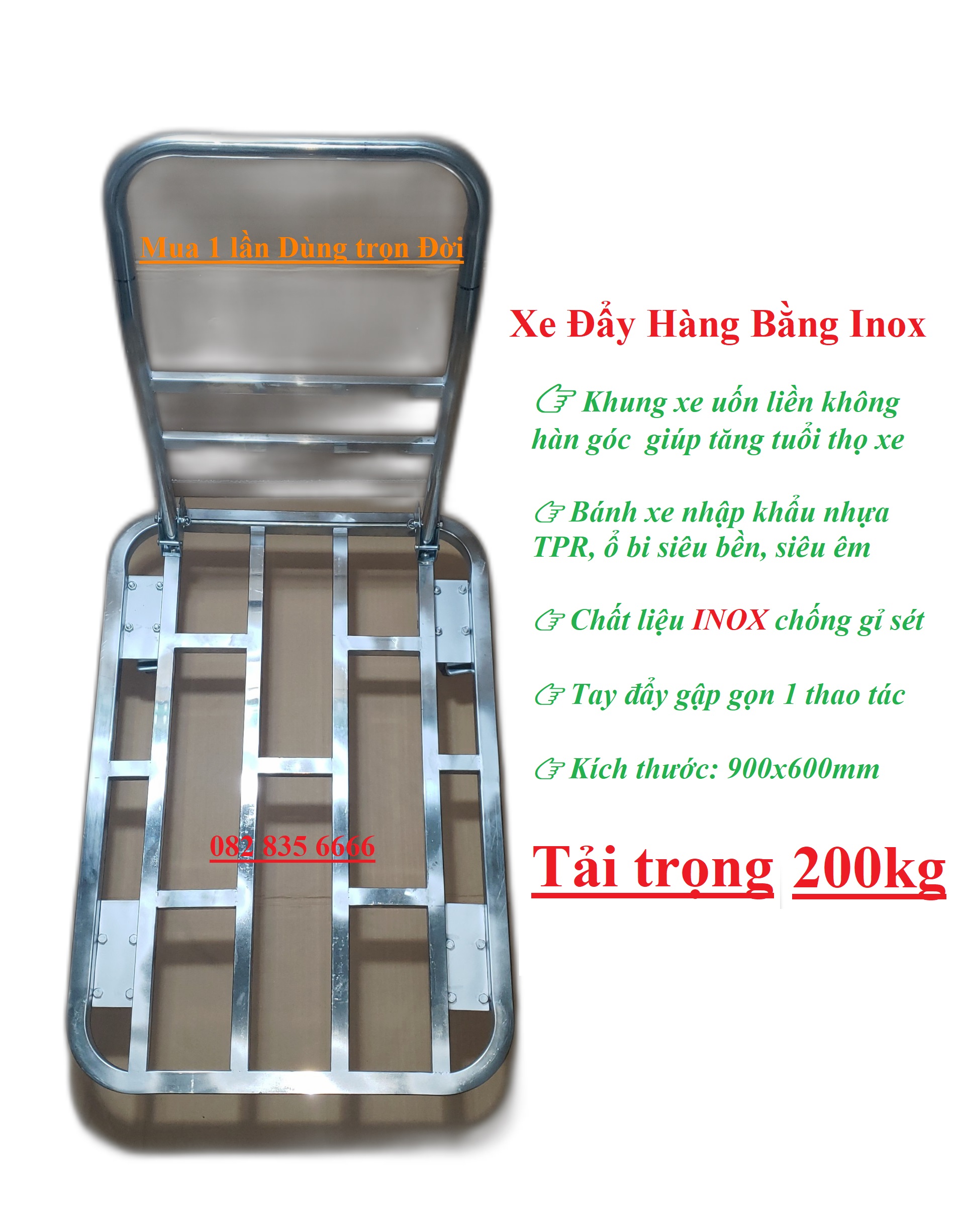 Xe đẩy hàng bằng inox tay gấp gọn - 900x600/300kg