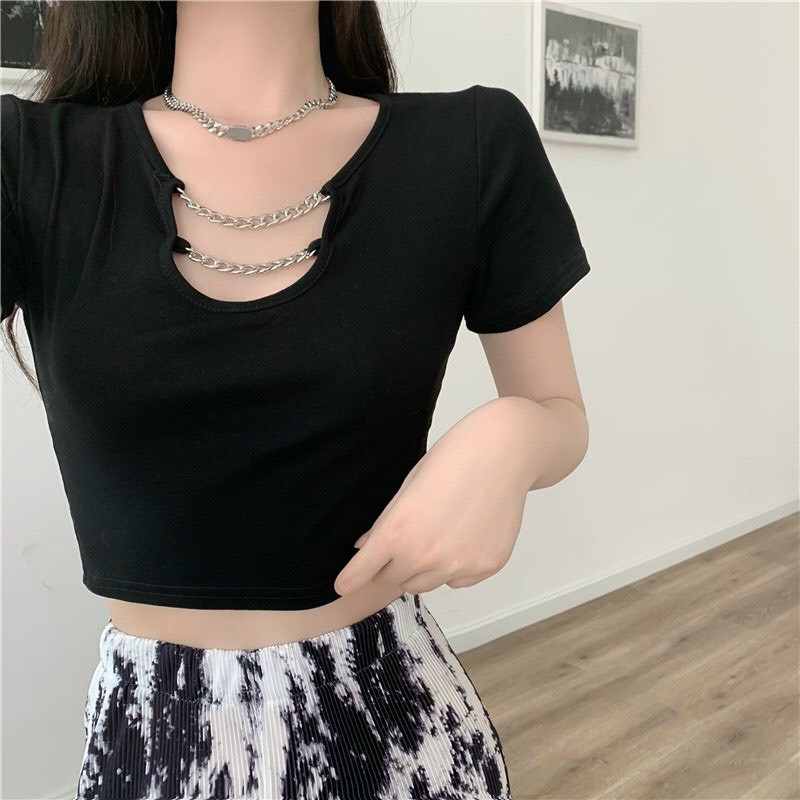 áo thun ngắn tay dây xích, áo croptop cổ phối xích cá tính, áo thun nữ cộc tay, áo croptop tay ngắn dây xích cổ phong cách xinh xắn hàn quốc