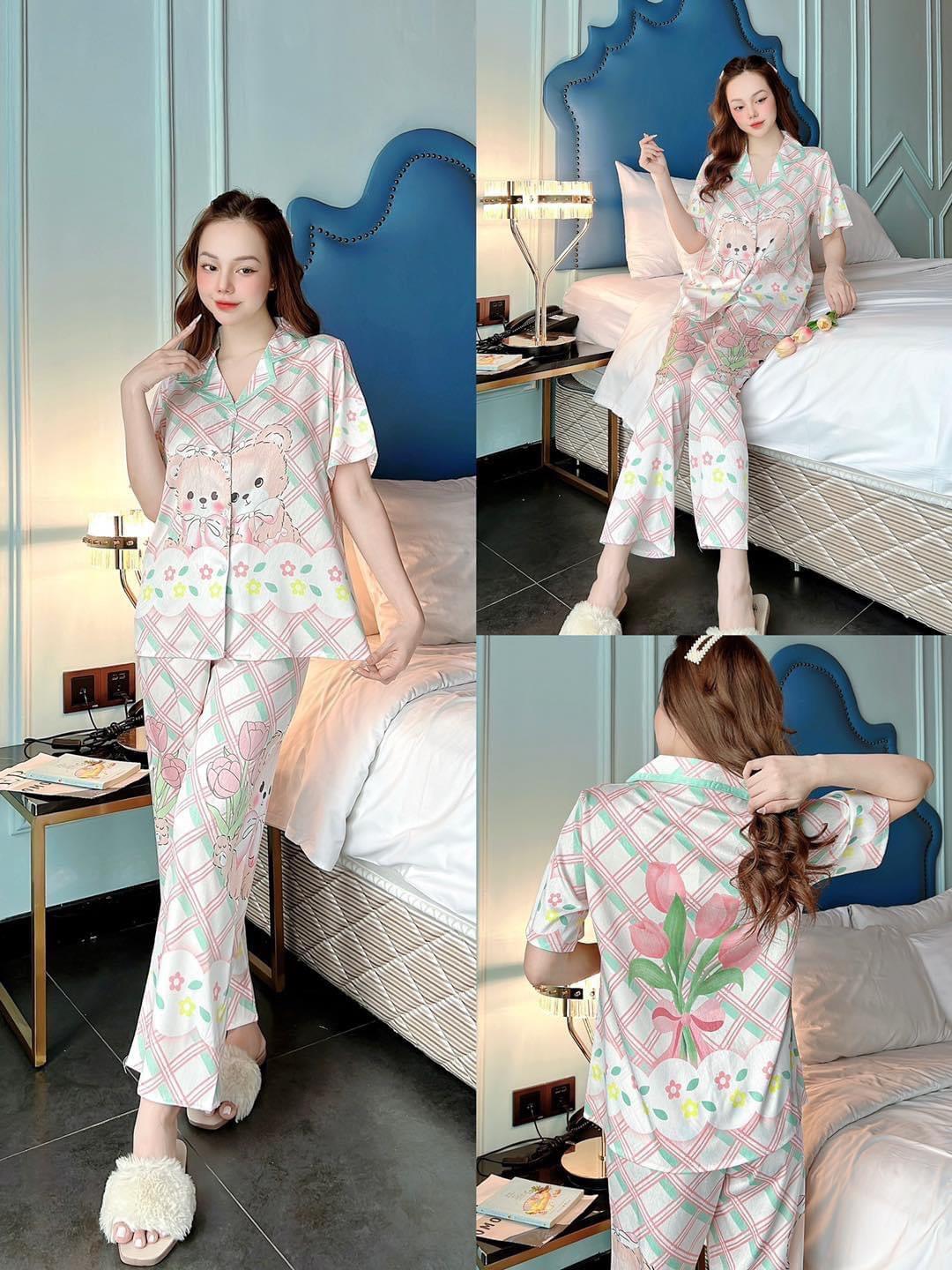 Đồ Bộ Pijama Nữ , Đồ Bộ Mặc Nhà Nữ Tay Ngắn, Quần Dài Chất Lụa Cao Cấp, Không Nhăn DBTNQD34