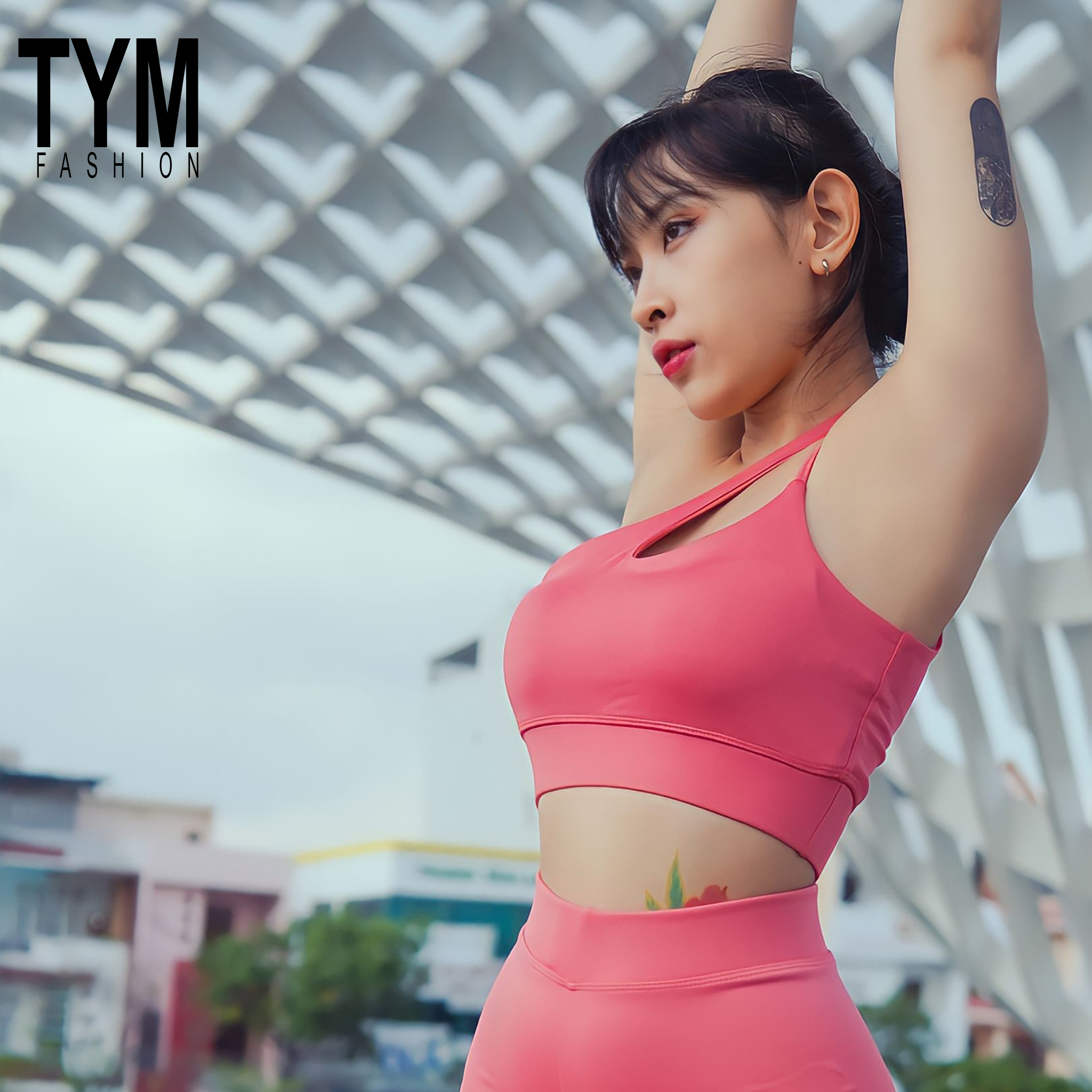 Áo Bra tập gym yoga lệch vai 2 lớp Nữ TYM - vải thun Poly co dãn thoáng mát - tặng kèm mút lót AWT002 - TYM FASHION