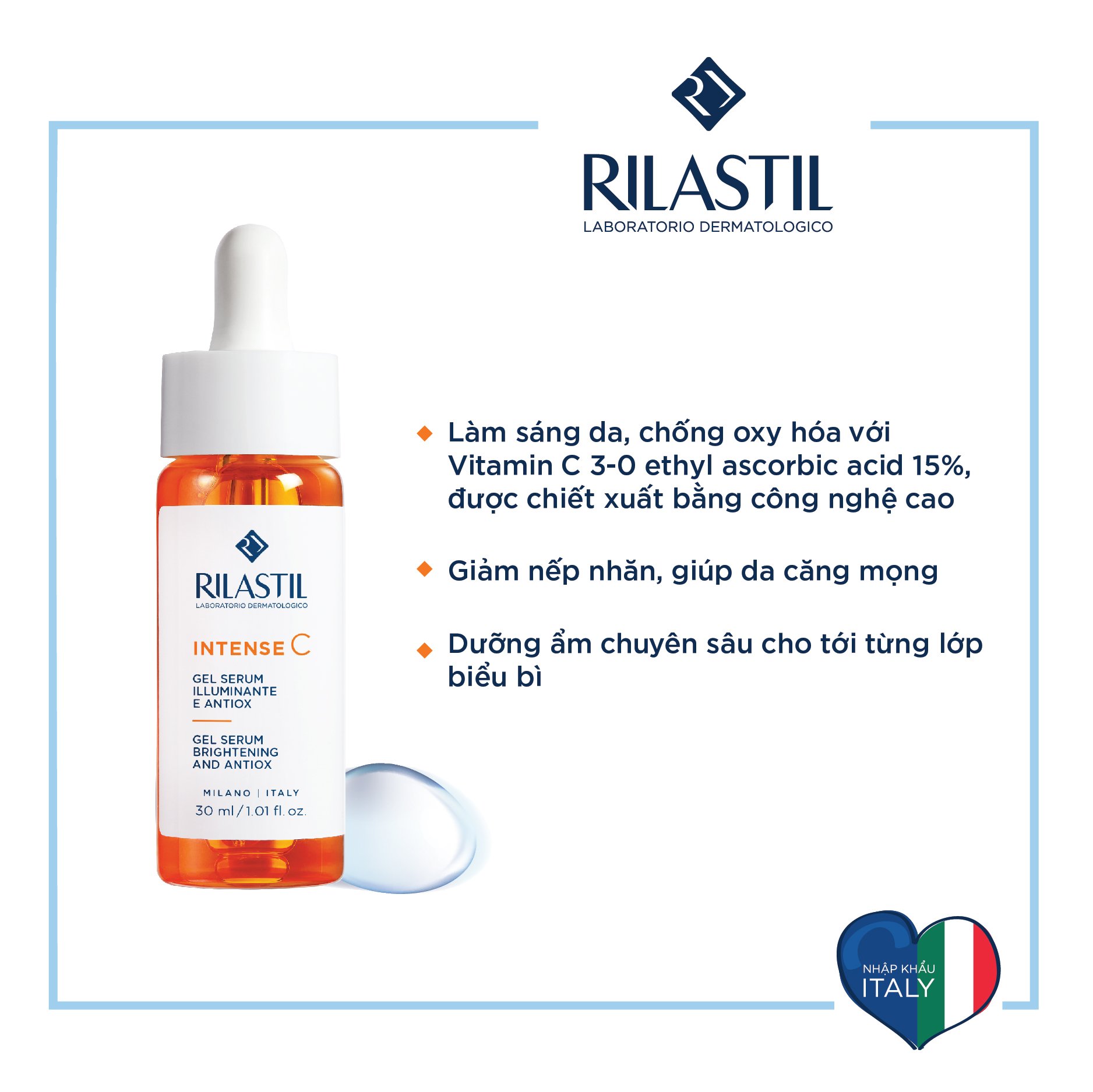 SERUM LÀM SÁNG DA CHỨA 15% VITAMIN C RILASTIL INTENSE C GEL SERUM 30 ML CAO CẤP ITALY