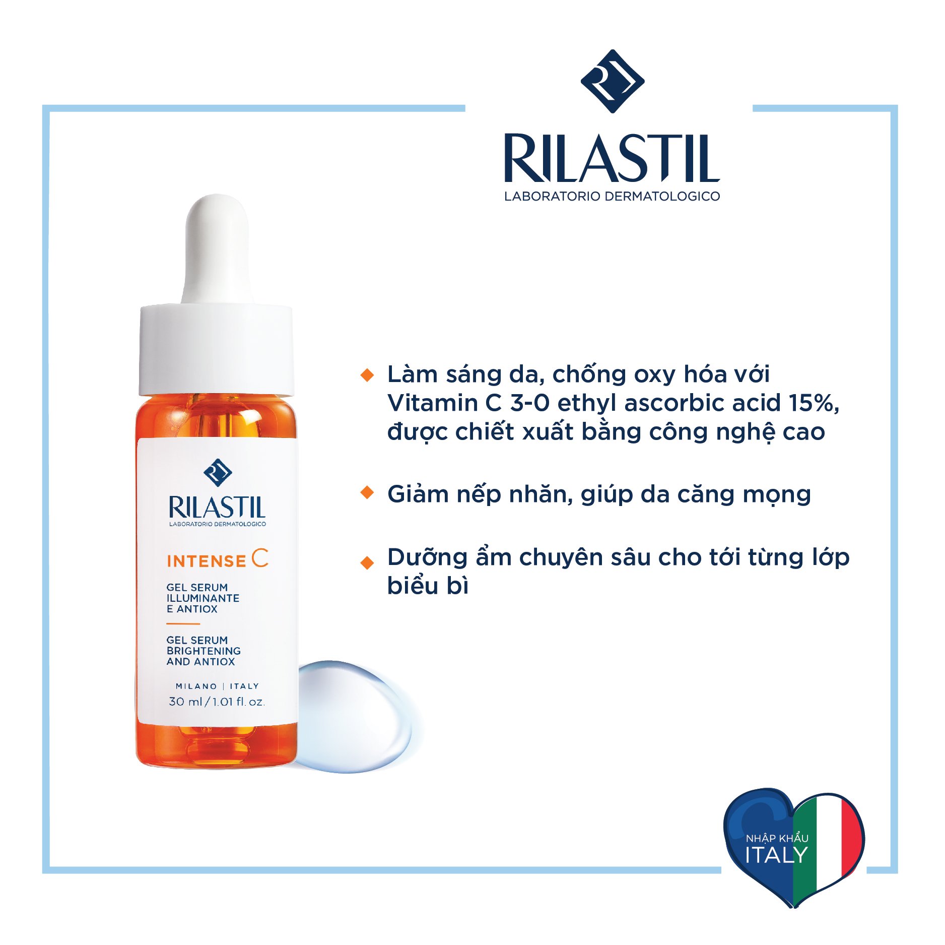 SERUM LÀM SÁNG DA CHỨA 15% VITAMIN C RILASTIL  INTENSE C GEL SERUM 30 ML CAO CẤP ITALY