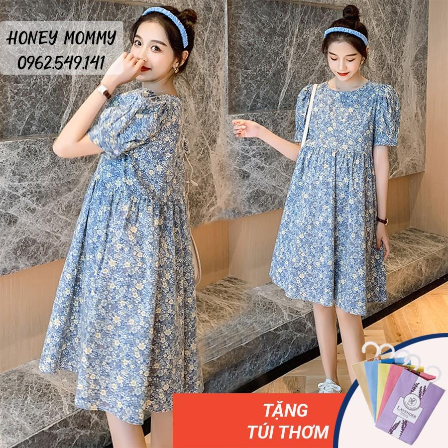 Váy Bầu Babydoll Hoa Nhí Tay Bồng Váy Bầu Hè Thiết Kế HD2815 Honey Mommy Đầm Bầu Babydoll Đầm Bầu Hoa Nhí